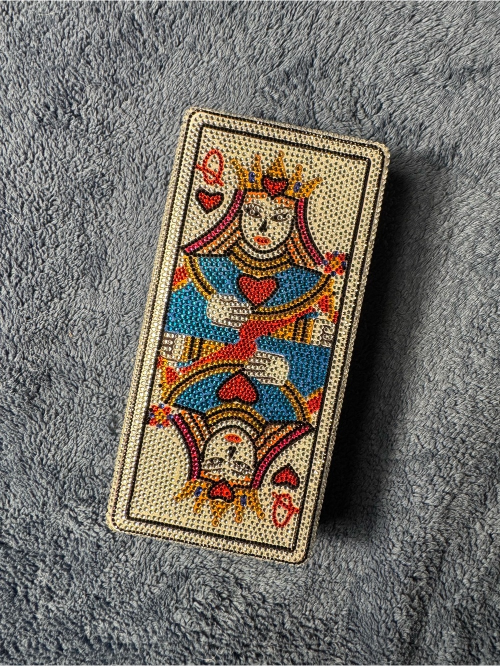 Embellished Queen of Hearts Beaded Card Clutch - Cream, Red, Blue